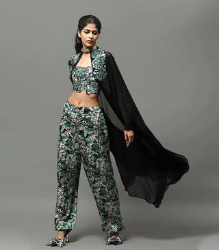 Black Chiffon Cape With Printed Lycra Top & Joggers