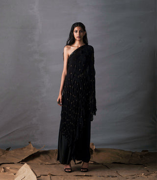 Silk draped one shoulder with drawstring skirt
