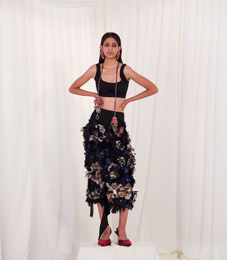 Silk skirt with cut outs and 3D floral details