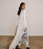 Asymmetrical cape style silk top with draped printed silk skirt
