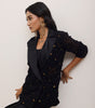 Black silk draped blazer with crop top and skirt