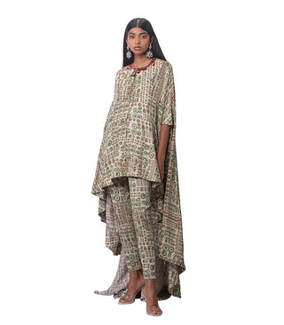 Printed Silk Cape Style Wrap With Fitted Pants