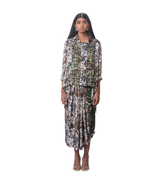 Printed Silk Cape Style Top + Draped Silk Skirt