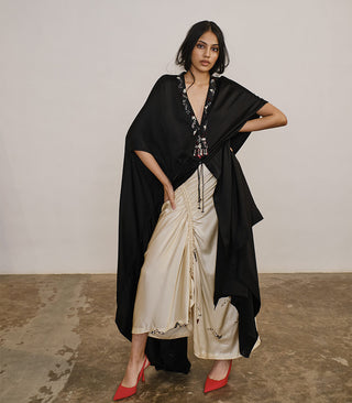 Silk cape style wrap with gathered silk midi skirt