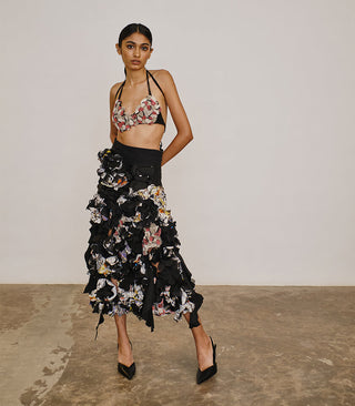 Silk skirt with printed ruffled flowers