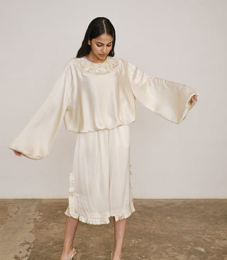 Oversized silk blouse with sequinned neckline and silk culottes