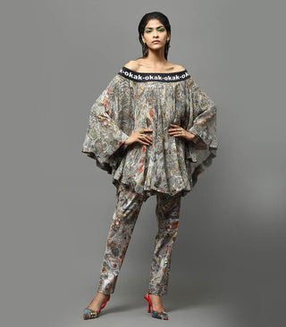 Printed Chiffon Off Shoulder Top With Lycra Pants