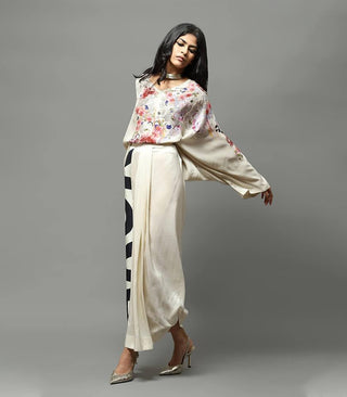 Floral Printed Oversized Top With Draped Pleated Skirt