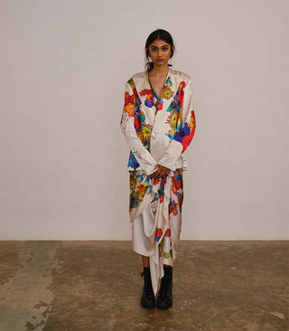 Oversized printed silk blazer with draped midi silk skirt