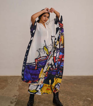 Printed silk kaftan with draped silk skirt