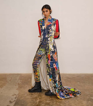 Printed silk embroidered coat with fitted pants